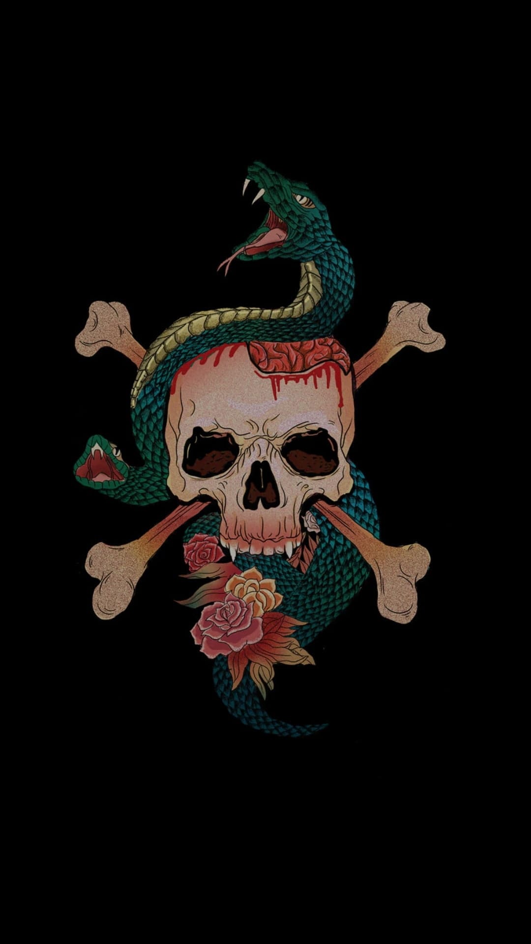 Human skull with exposed brains entwined by a green snake, featuring vivid red roses and crossbones on black.