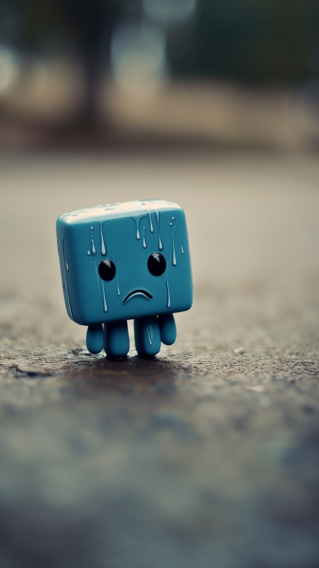 Blue cube character with a sad face crying on a rain-slicked ground under a blurred outdoor background.