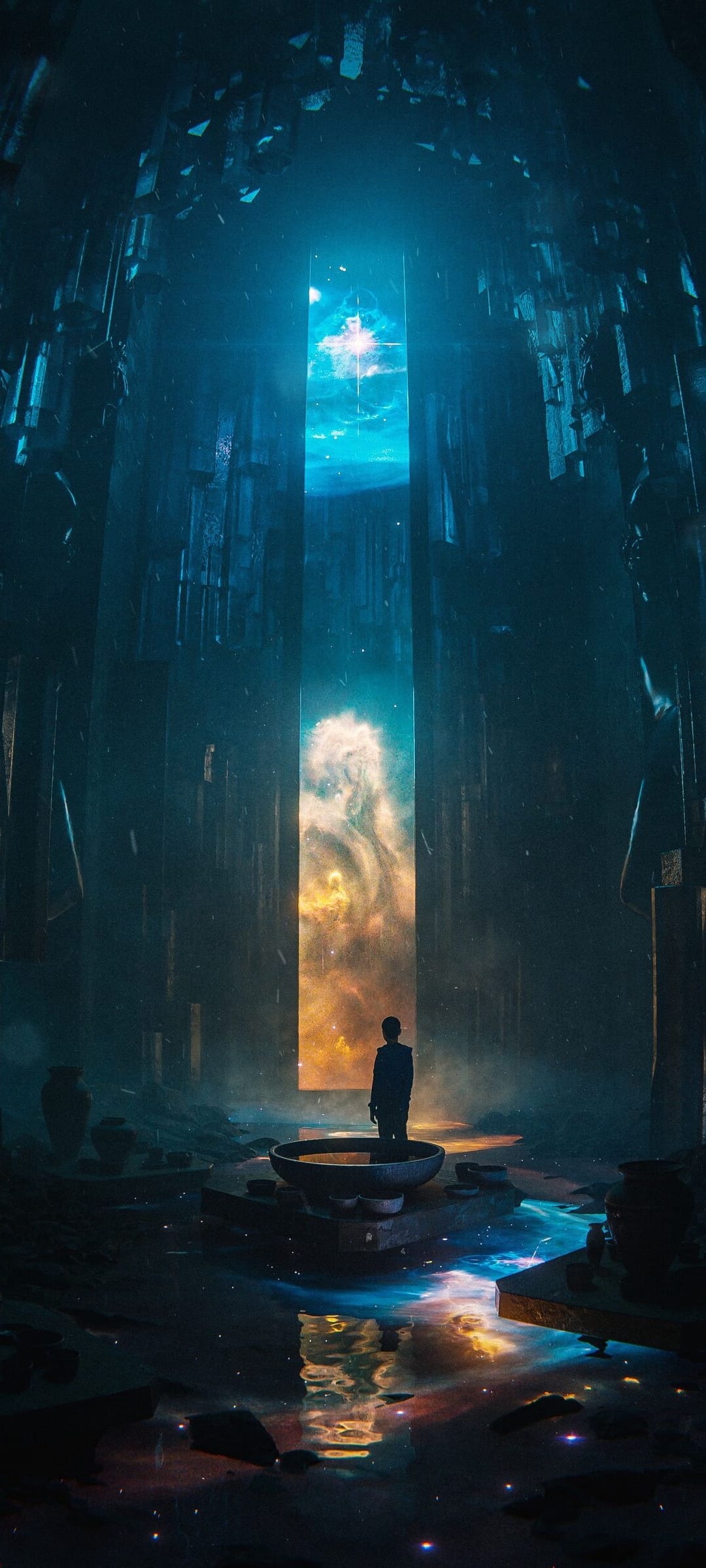 A silhouetted figure stands before a glowing vertical portal showing a nebula inside a dark, flooded stone ruin.
