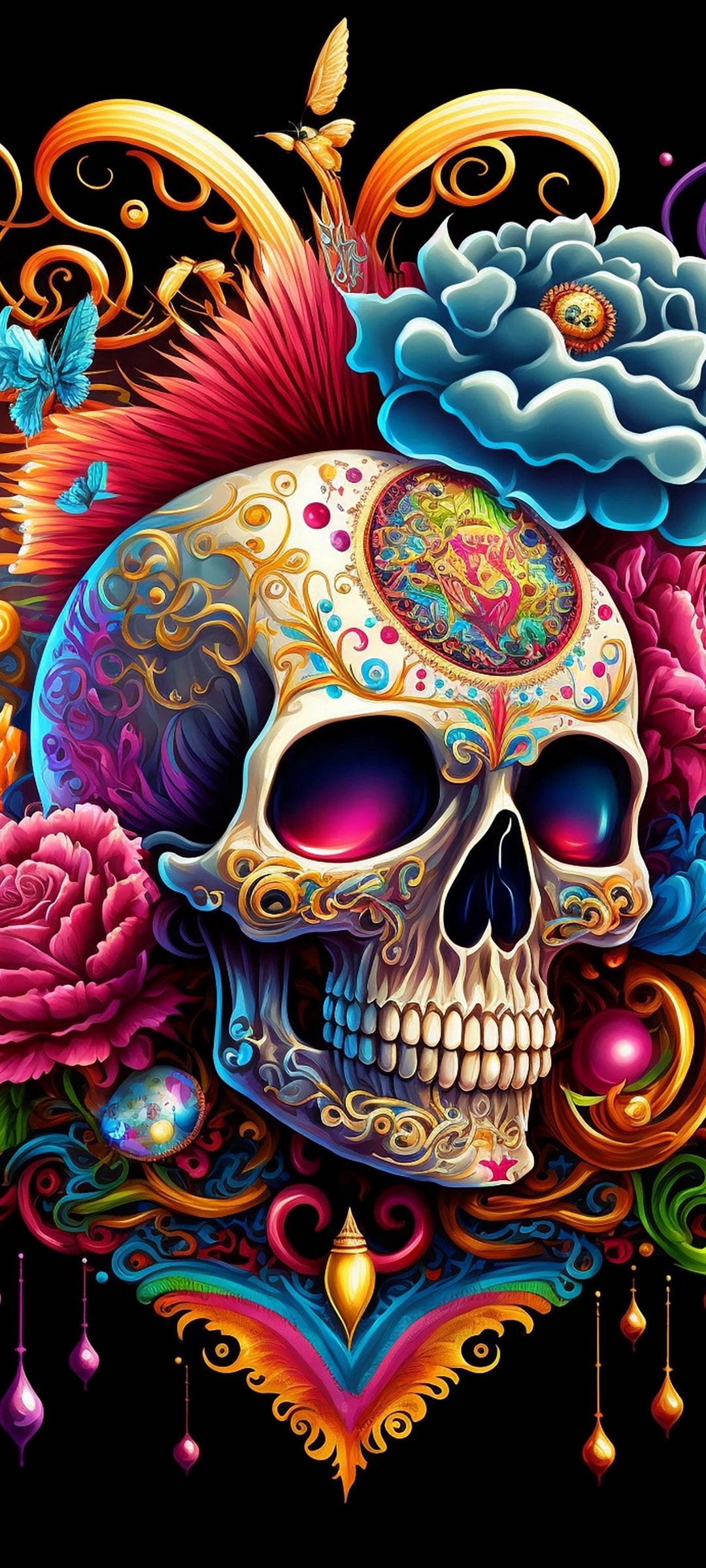 Ornate sugar skull decorated with pink flowers, blue butterflies, and gold swirls on a black background.