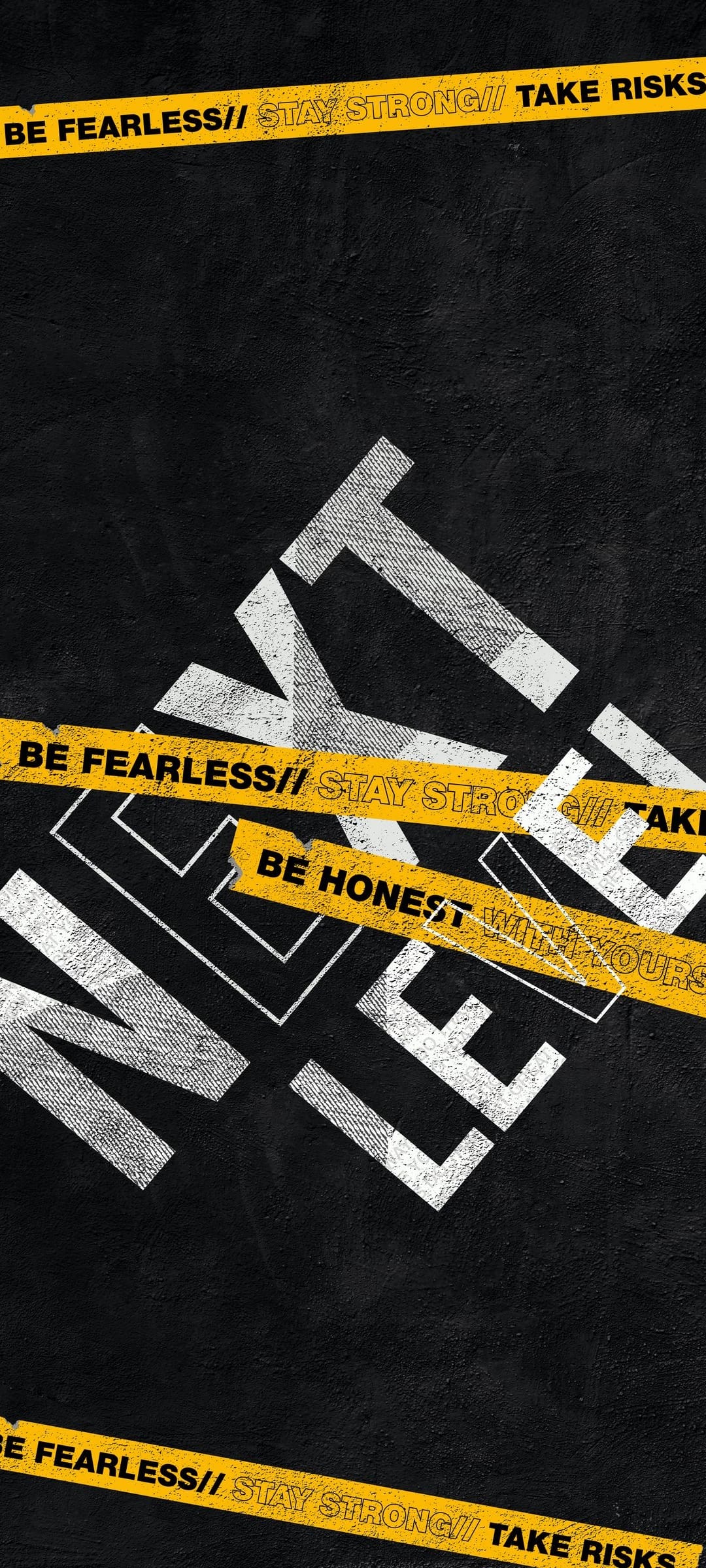 Next Level text in white distressed font layered with yellow caution tape over a dark textured background.