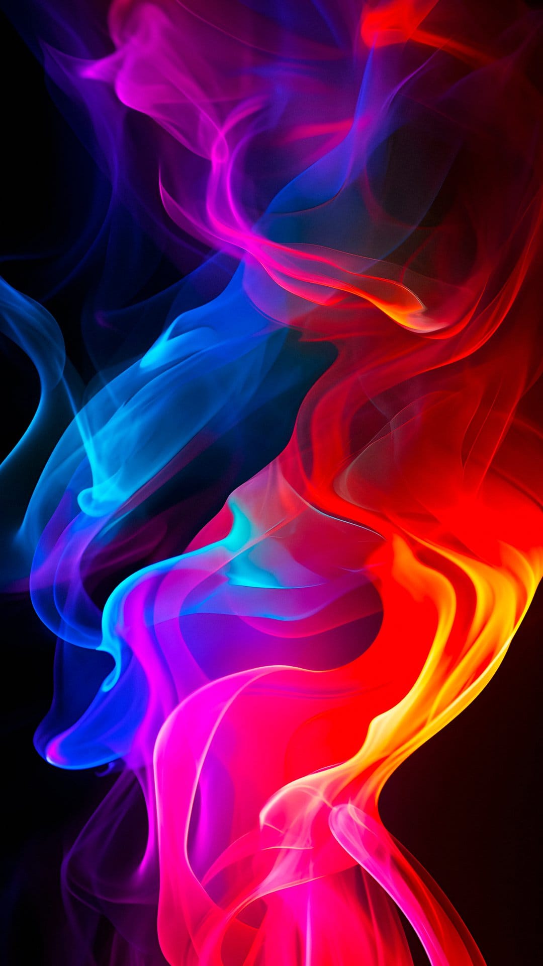 Fuchsia and cobalt smoke swirls intertwine against a black background with soft glowing light and fluid motion.
