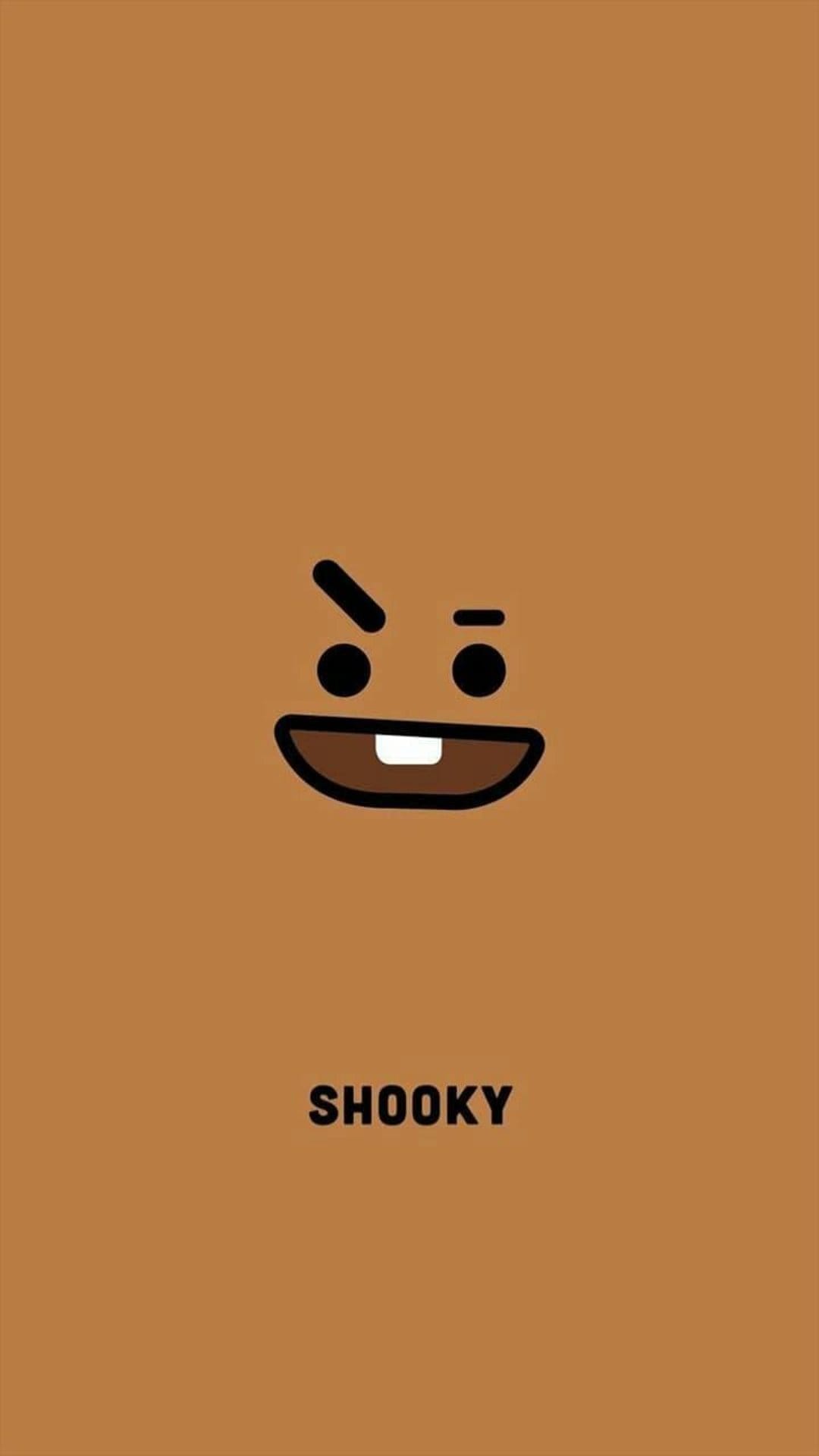 Shooky the brown cookie character winks with a single tooth showing against a solid chocolate brown background.