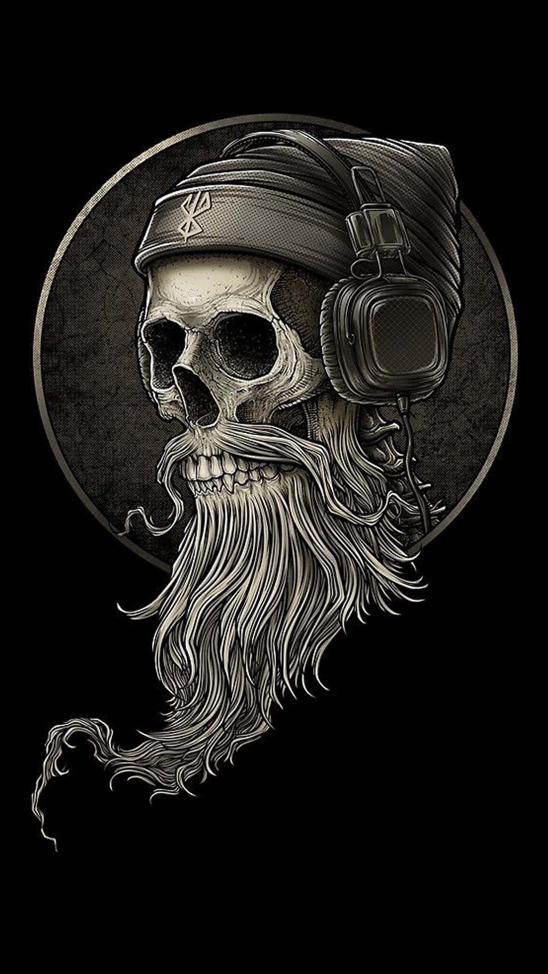 Bearded skeleton wearing headphones and a beanie inside a textured circle for a dark mobile screen background.