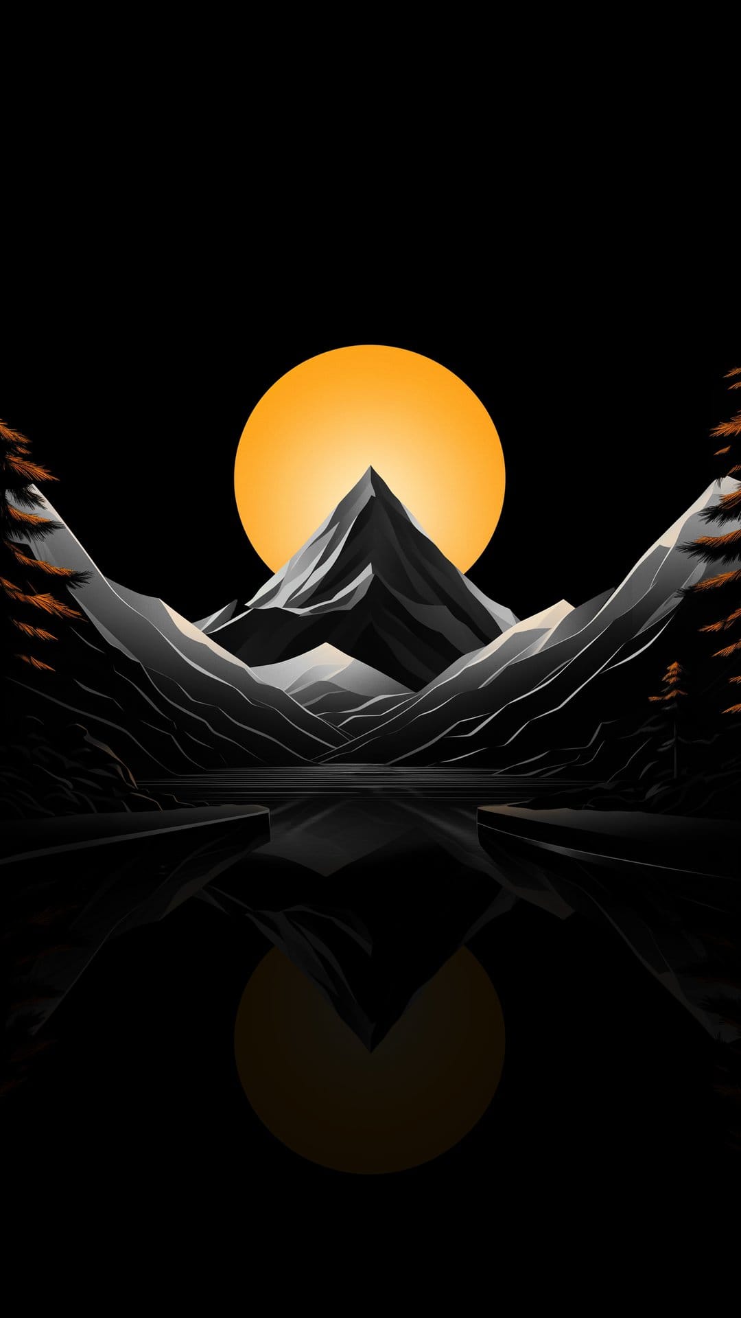 Snowy mountain peak silhouetted against a glowing orange sunset and reflected in a perfectly still dark lake.