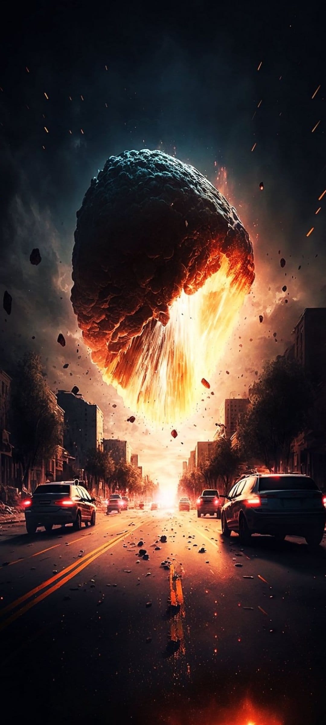 Meteorite strikes a metropolitan center while cars escape an orange inferno along a smoke-filled urban highway.