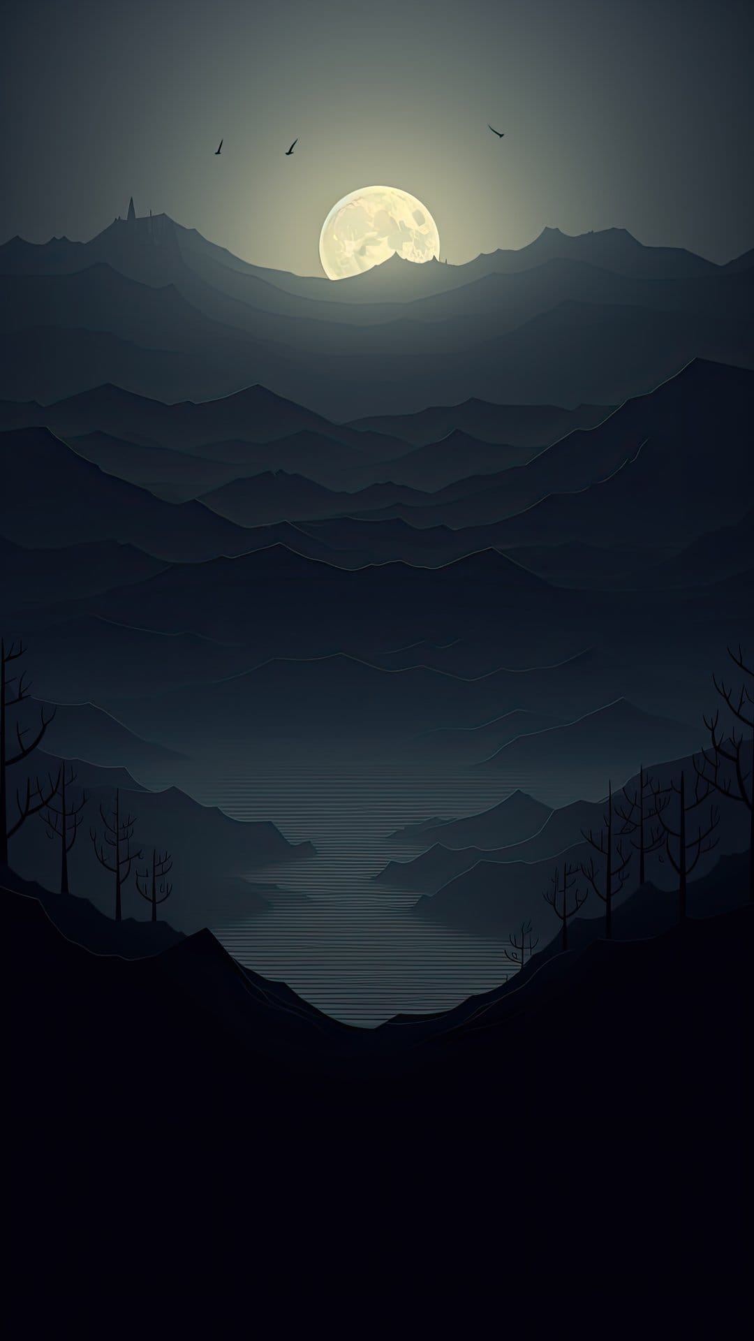 A glowing full moon hangs over layered mountain silhouettes and a winding river with birds flying in the sky.