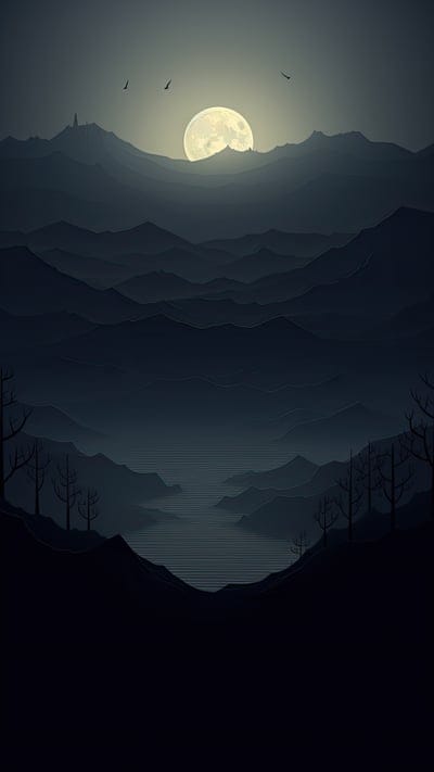 mountains,moon,fog,night,art,black