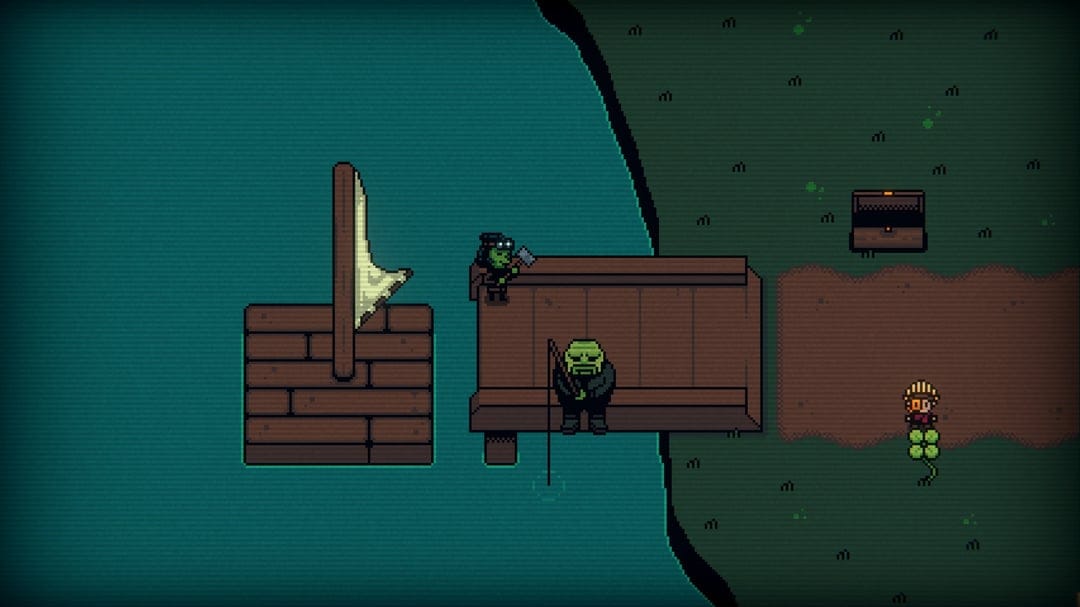 Pixel art characters fishing from a wooden dock on teal water with a CRT scanline effect in a dark setting.