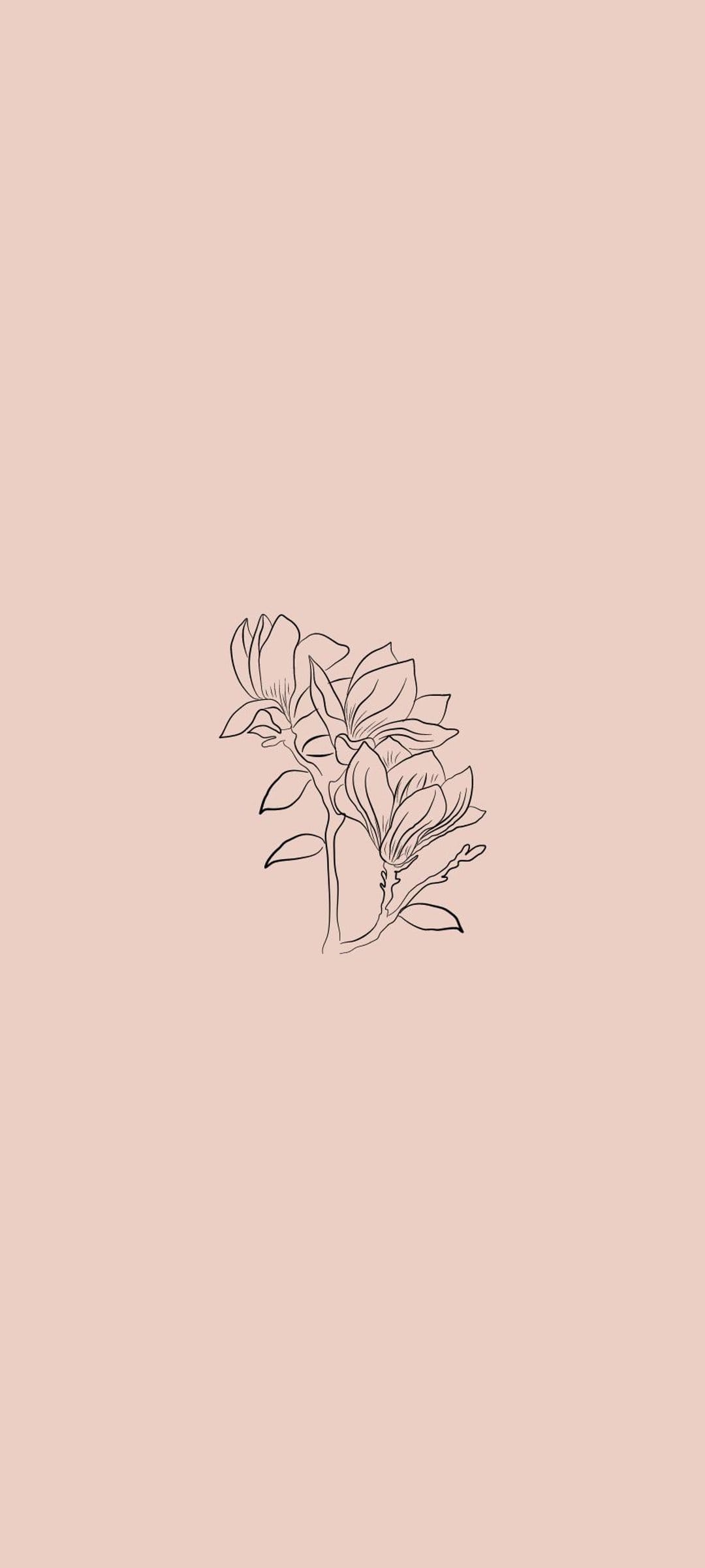 Magnolia flower outlines in black ink appear over a solid blush pink surface in this vertical floral design.