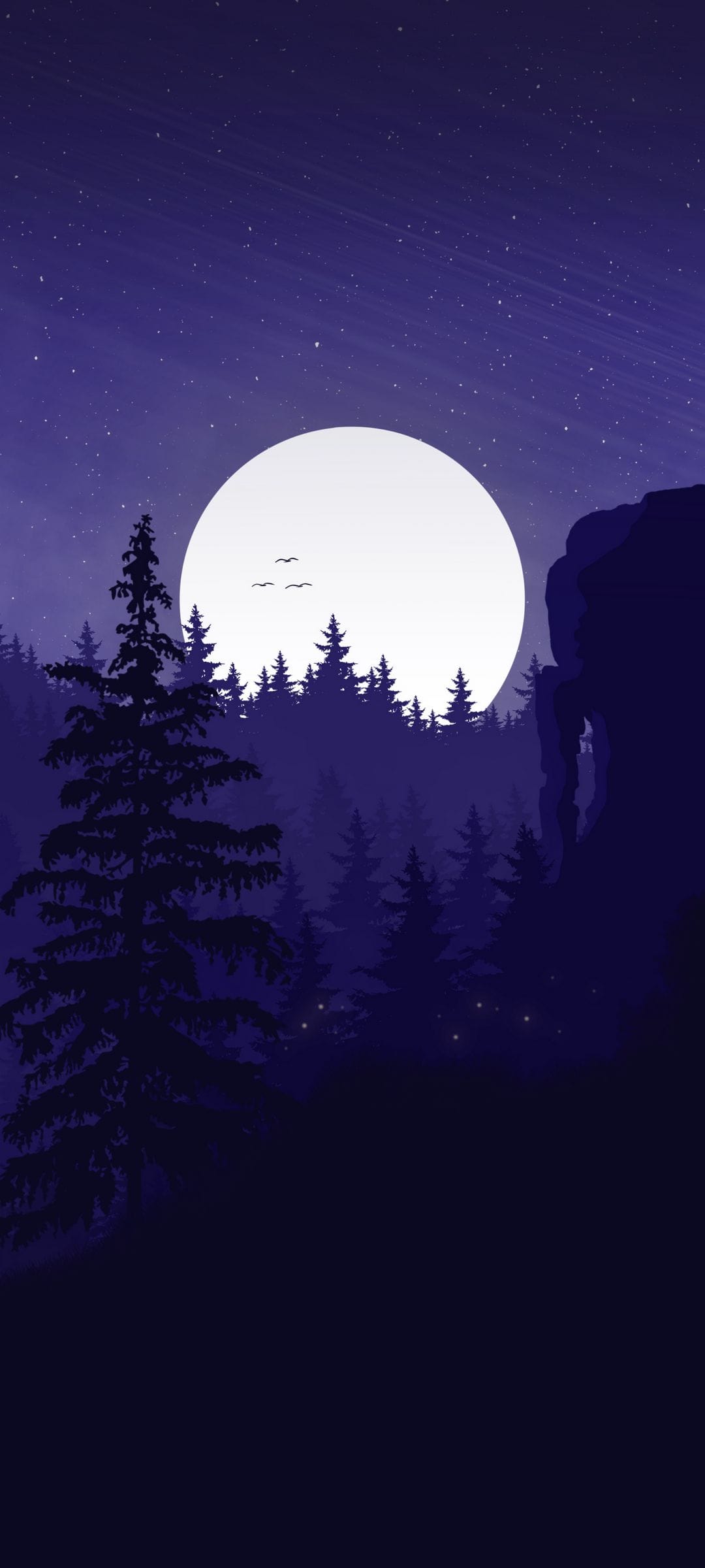 Full moon illuminates a silhouetted pine forest and jagged cliffside under a dense field of glowing stars.