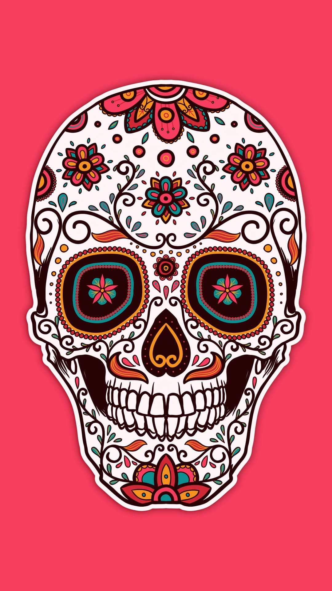Sugar skull decorated with colorful floral patterns and swirling vines on a high-contrast dark background.