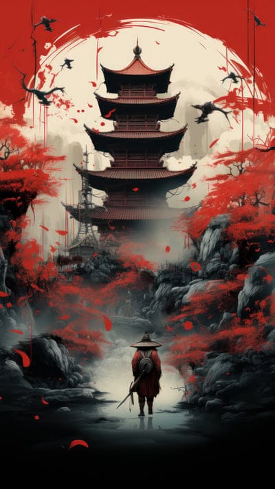 warrior,silhouette,pagoda,trees,asia,art