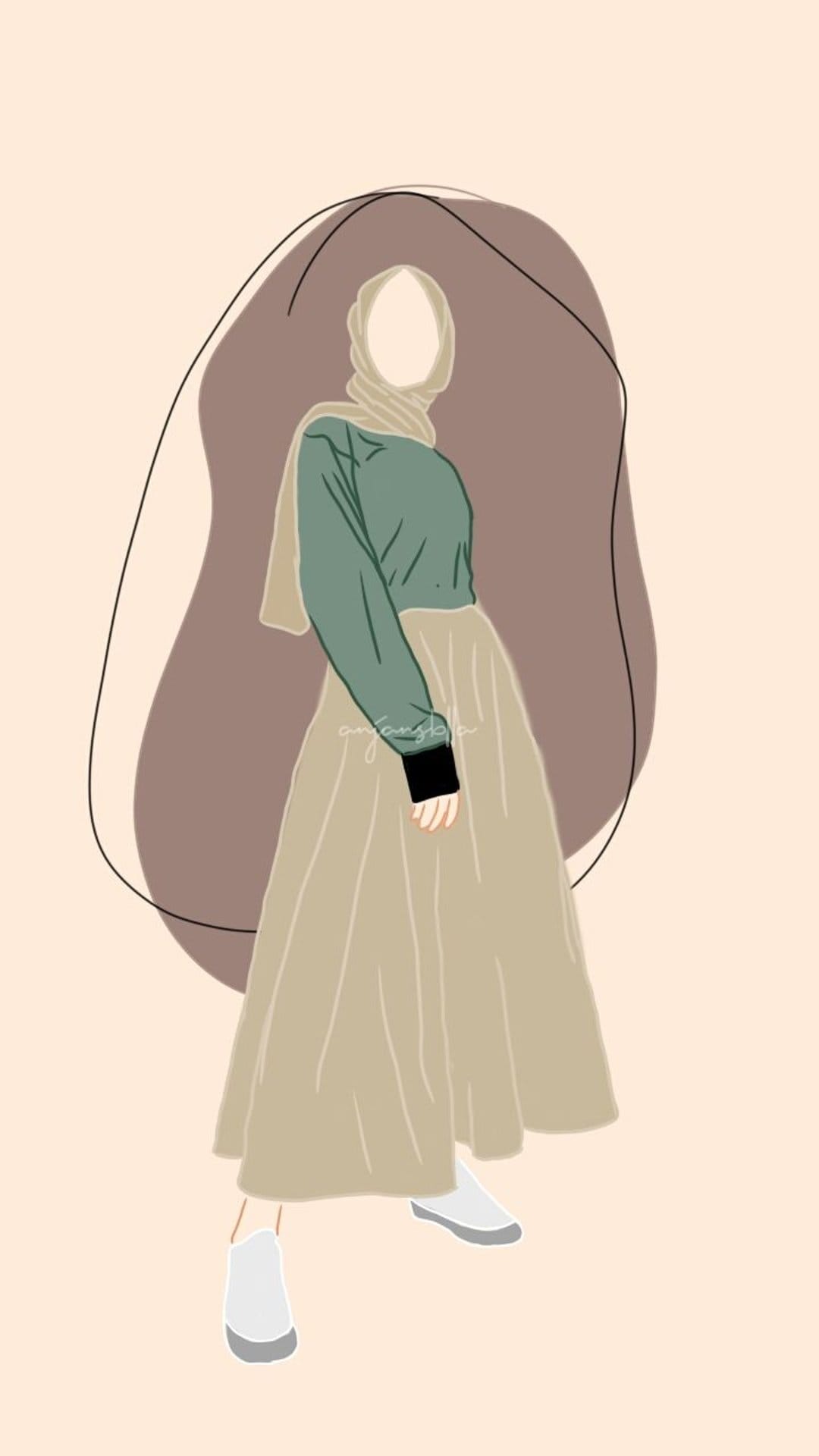Woman in a green hijab and beige skirt stands centered against minimalist brown and tan abstract shapes.