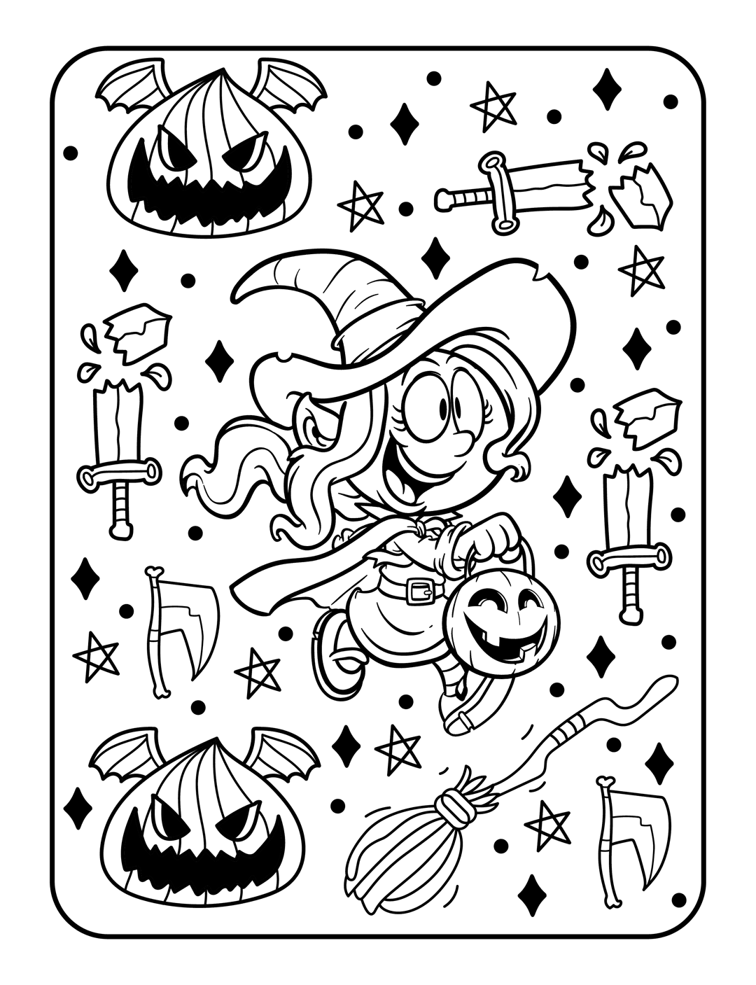 Halloween witch coloring page featuring pumpkin buckets, scythes, stars, and sharp line art outlines for kids.