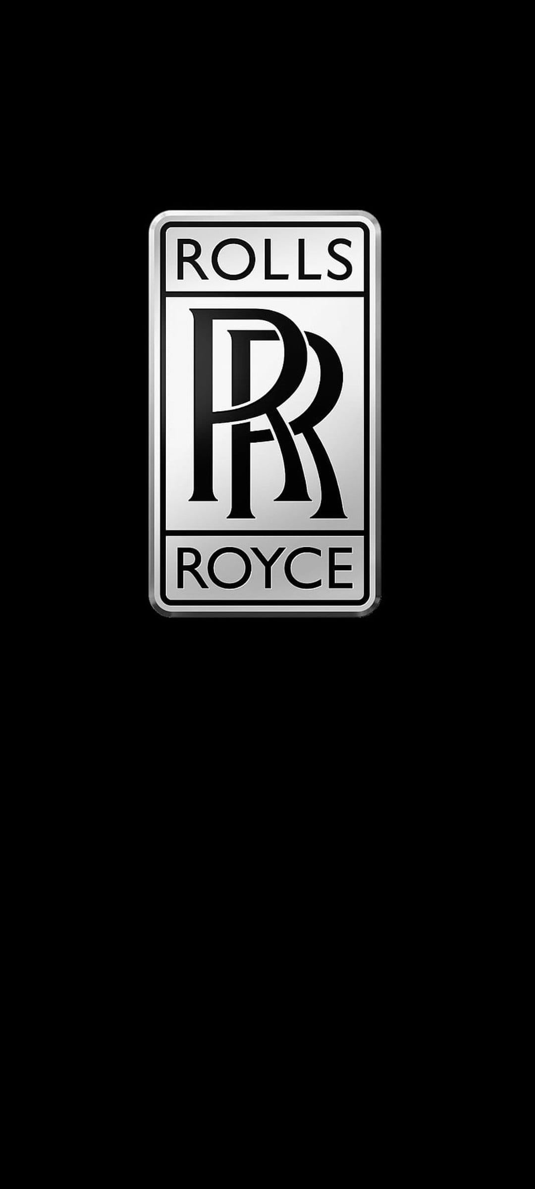 Silver Rolls Royce rectangular emblem with RR monogram and serif text centered on a solid black background.