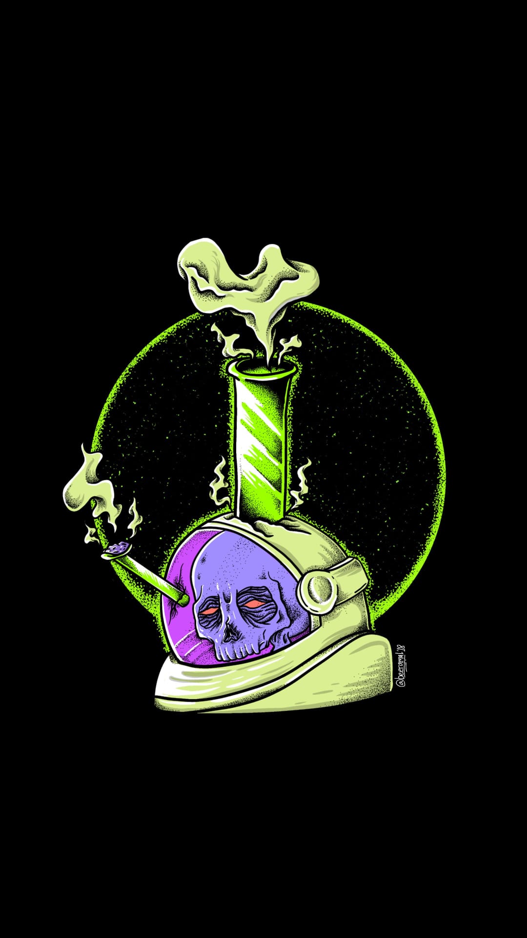 Skeleton astronaut in a green helmet smoking a pipe while surrounded by emerald vapor and a textured green orb.