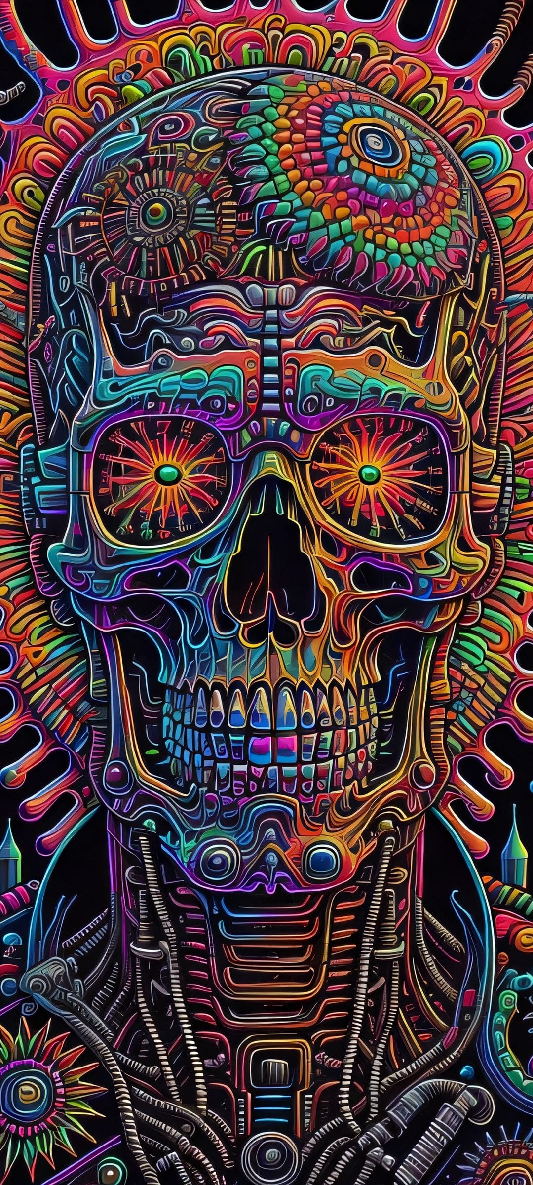 Robot skull with glowing neon circuits, complex internal machinery, and a dark background with vibrant lighting.
