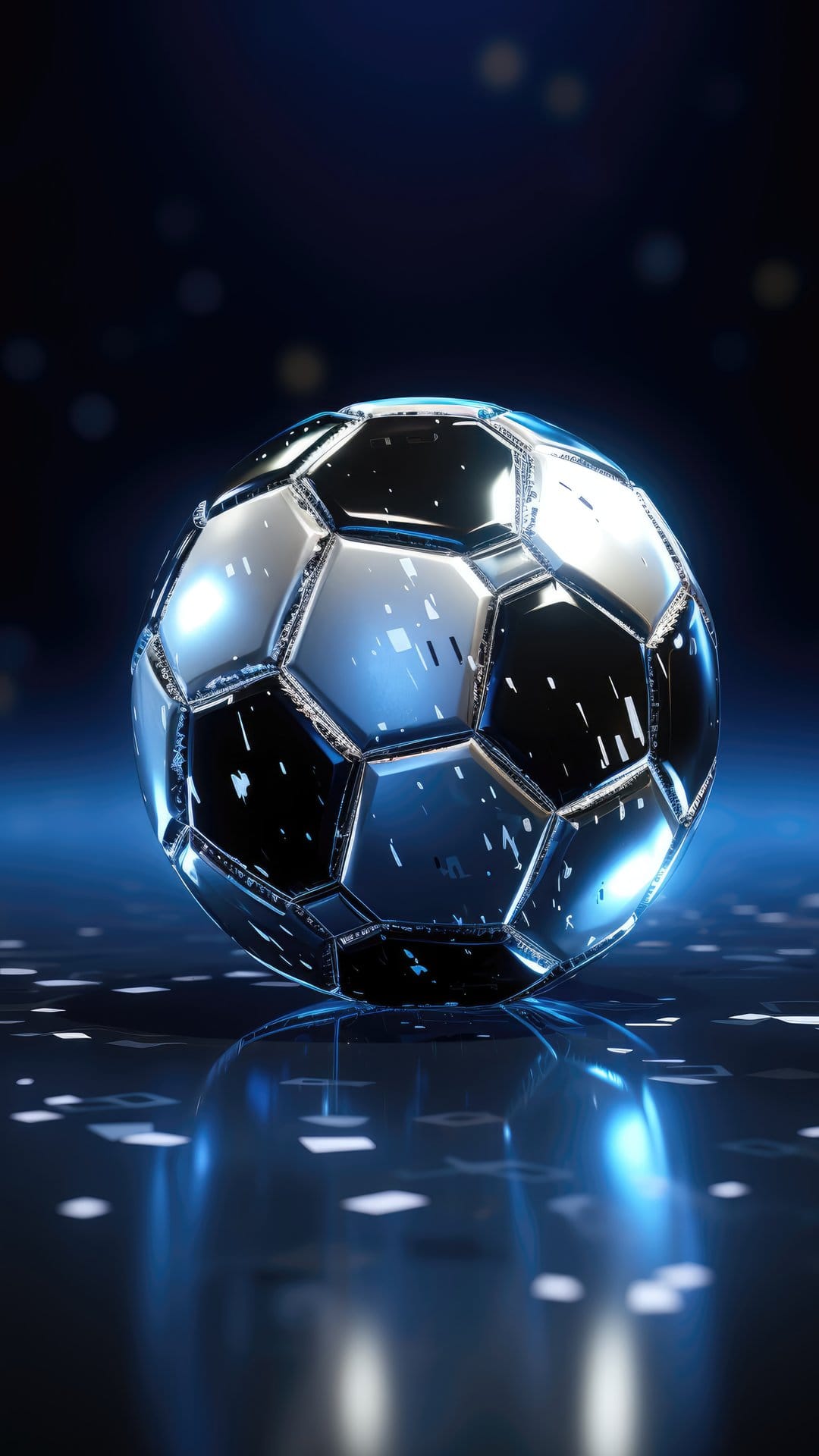 Chrome soccer ball on a dark reflective surface glows with blue light and bokeh background highlights.