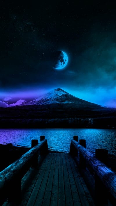 pier,lake,mountain,moon,night,dark,blue