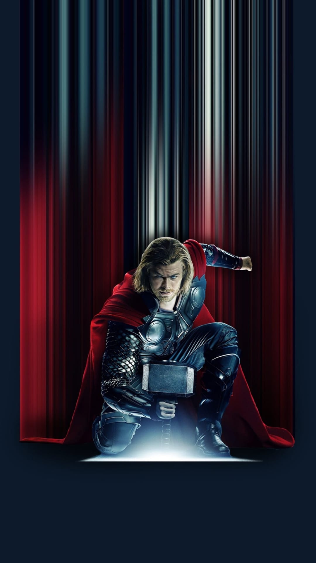 Thor in silver armor and a red cape crouches while holding Mjolnir against a dark, vertical-lined background.