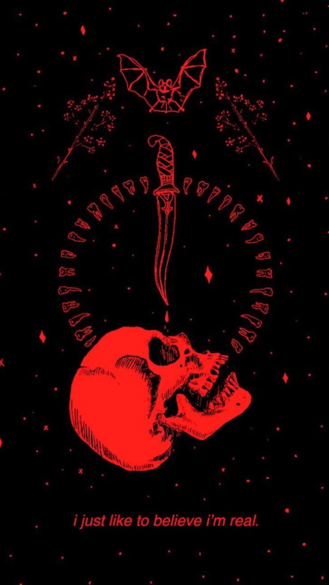 Human skull with a dripping blood dagger, a black bat, and a ring of teeth against a red speckled background.