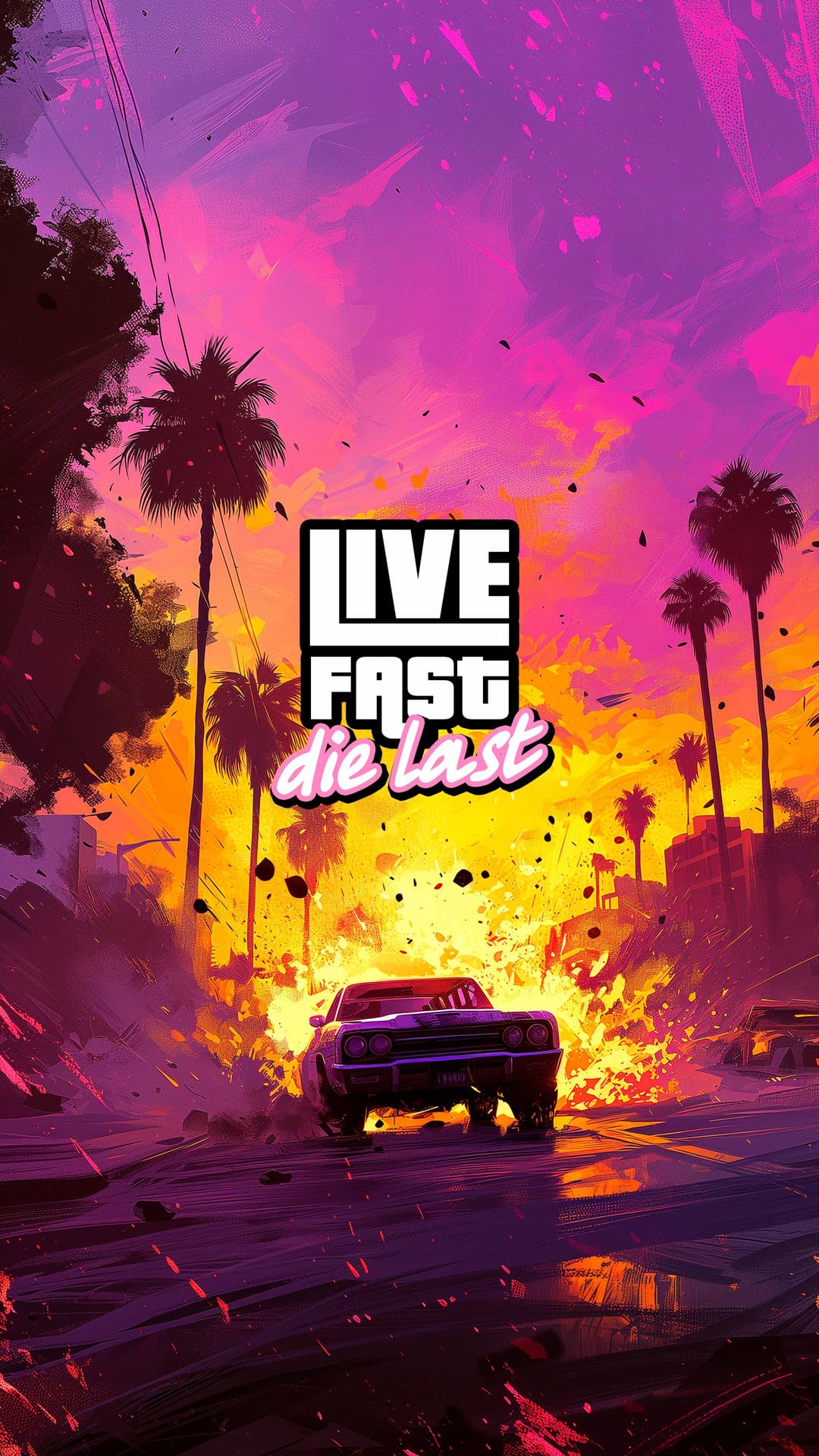 Vintage muscle car exploding into a massive fireball against a vibrant purple and orange neon sunset sky.