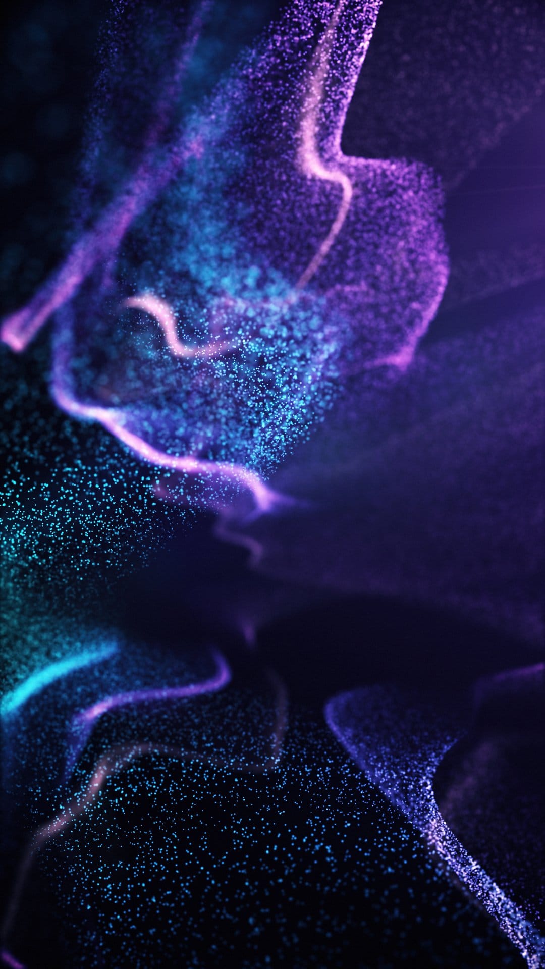 Glowing purple and blue particles swirl in a dense cloud with luminous tendrils against a dark background.