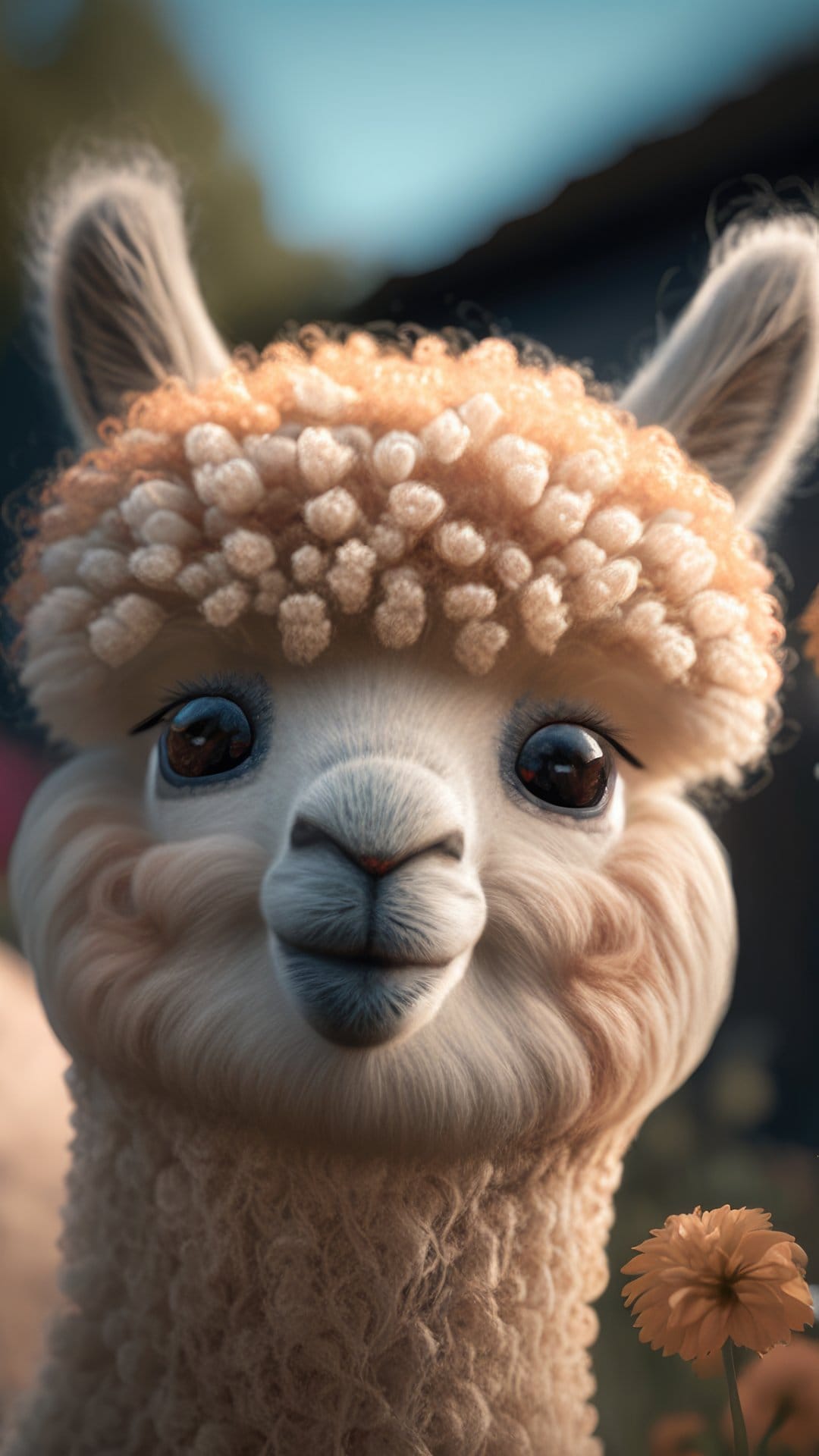 Baby alpaca with white curly wool and dark eyes faces forward against a blurred green field with an orange flower.