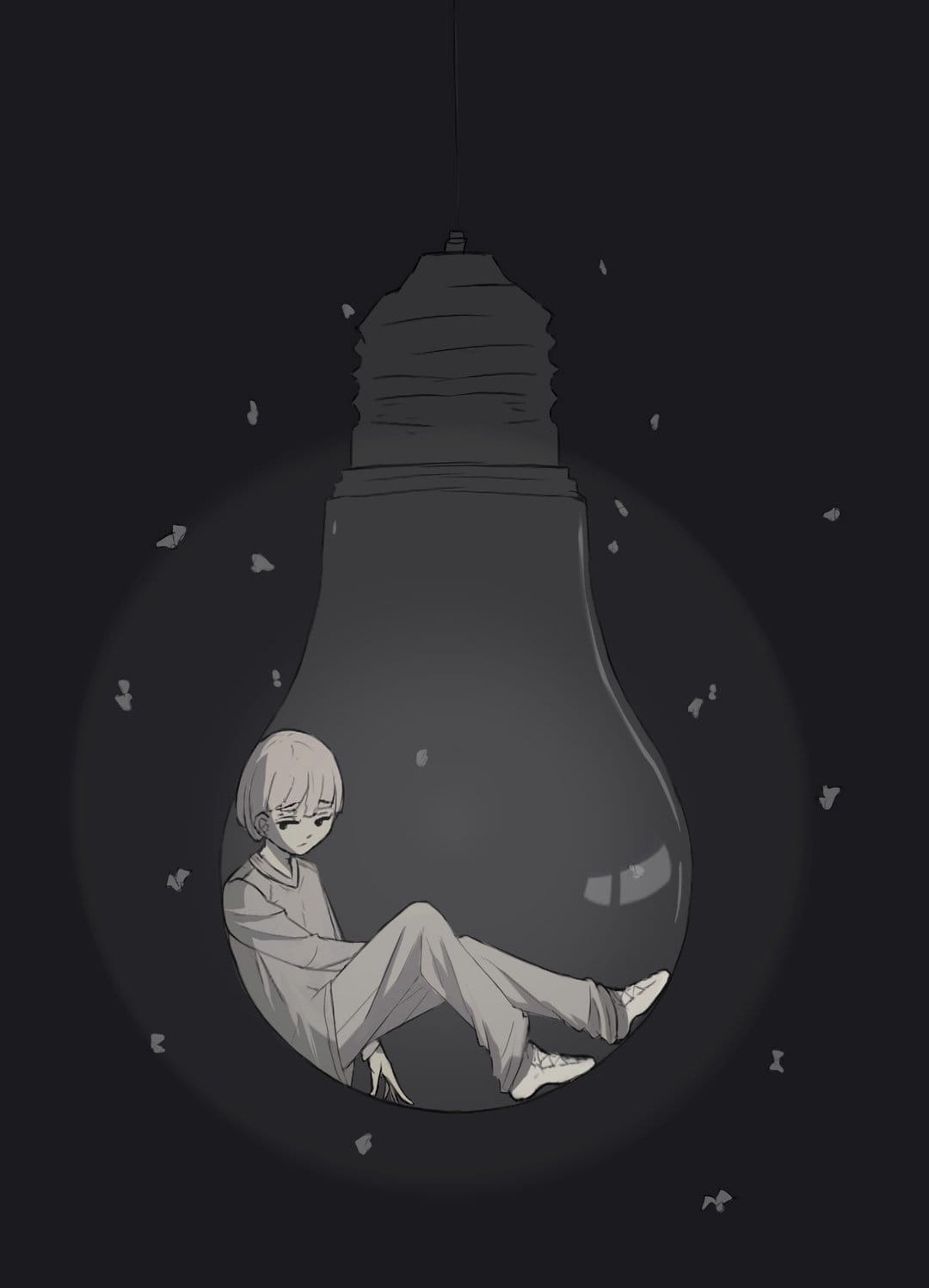 Person with light hair sitting inside a large glass light bulb against a black background with floating shapes.
