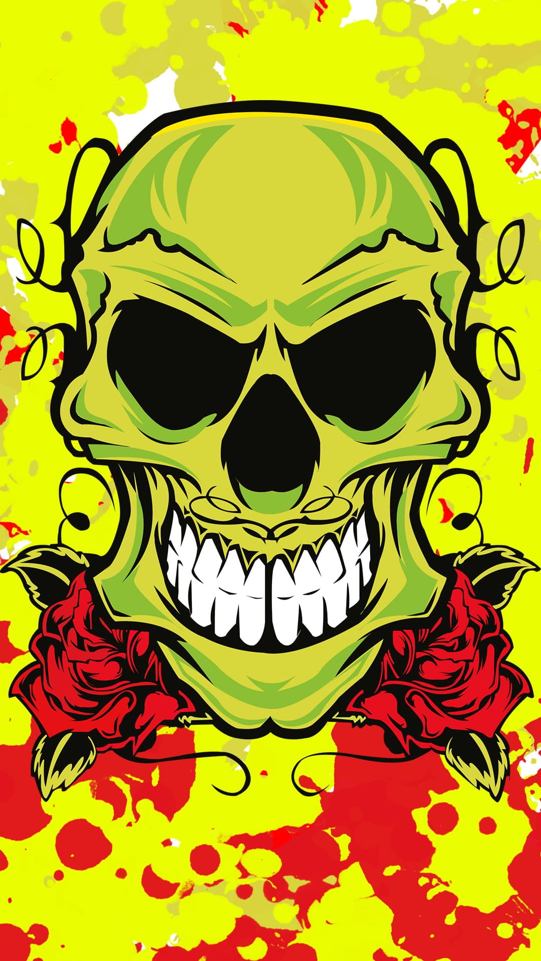 Lime green skull with red roses and black tendrils centered on a vibrant yellow and orange paint splatter.