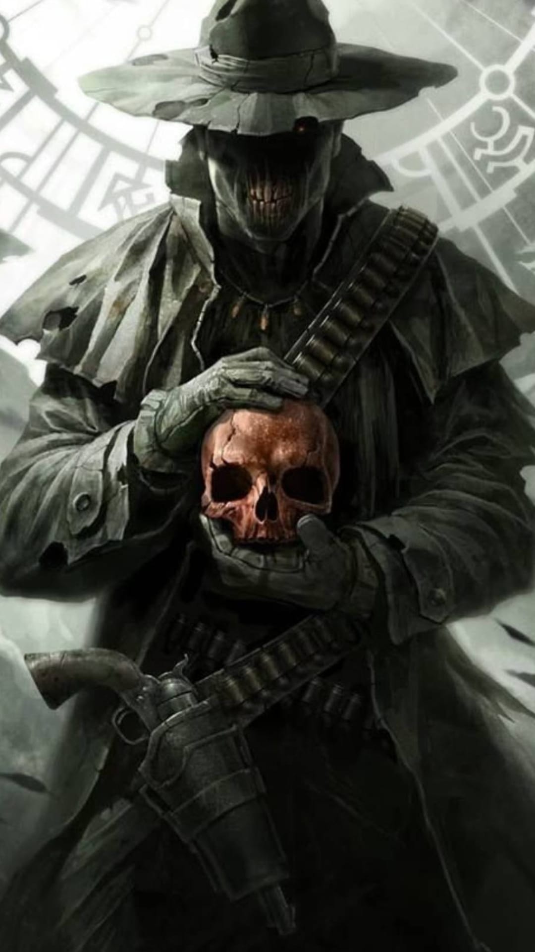 Skeletal cowboy in a tattered coat holding a skull with a clockwork gear background and ammunition bandolier.