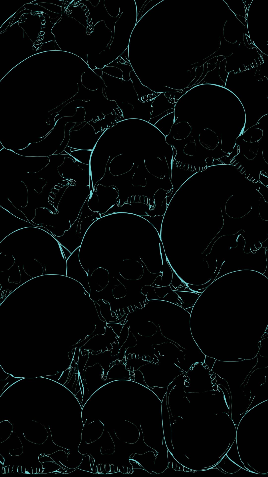 Teal skull outlines arranged in a repeating pattern on a solid black backdrop for a high-contrast visual.