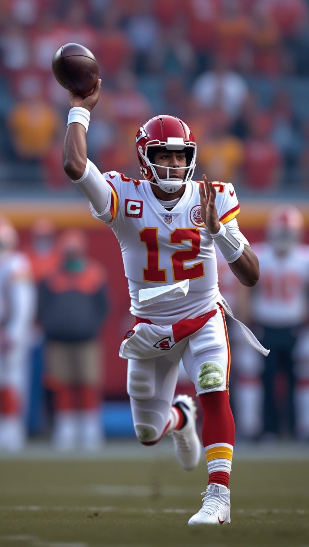 Quarterback in a white Chiefs jersey throws a football with a red helmet and blurred fans in the stadium background.