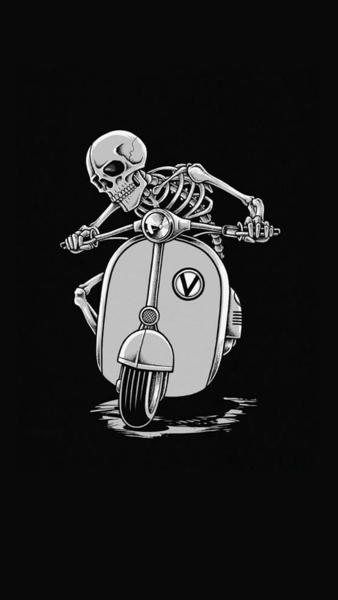 Skeleton riding a classic vintage scooter in high-contrast black and white against a solid dark background.