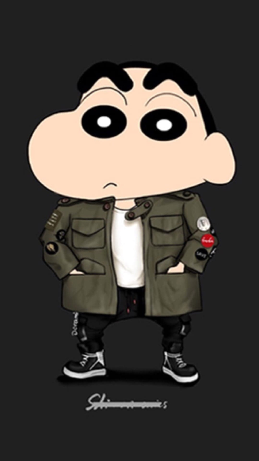 Shinchan in an olive military jacket, white t-shirt, and sneakers against a dark, minimalist background.