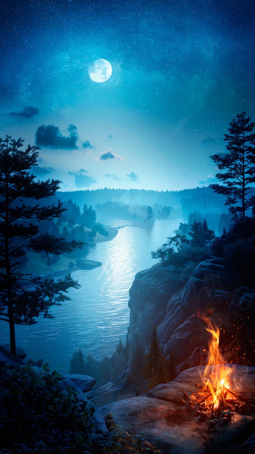 Burning campfire on rocky shore under a full moon and starry sky overlooking a calm forest lake at night.