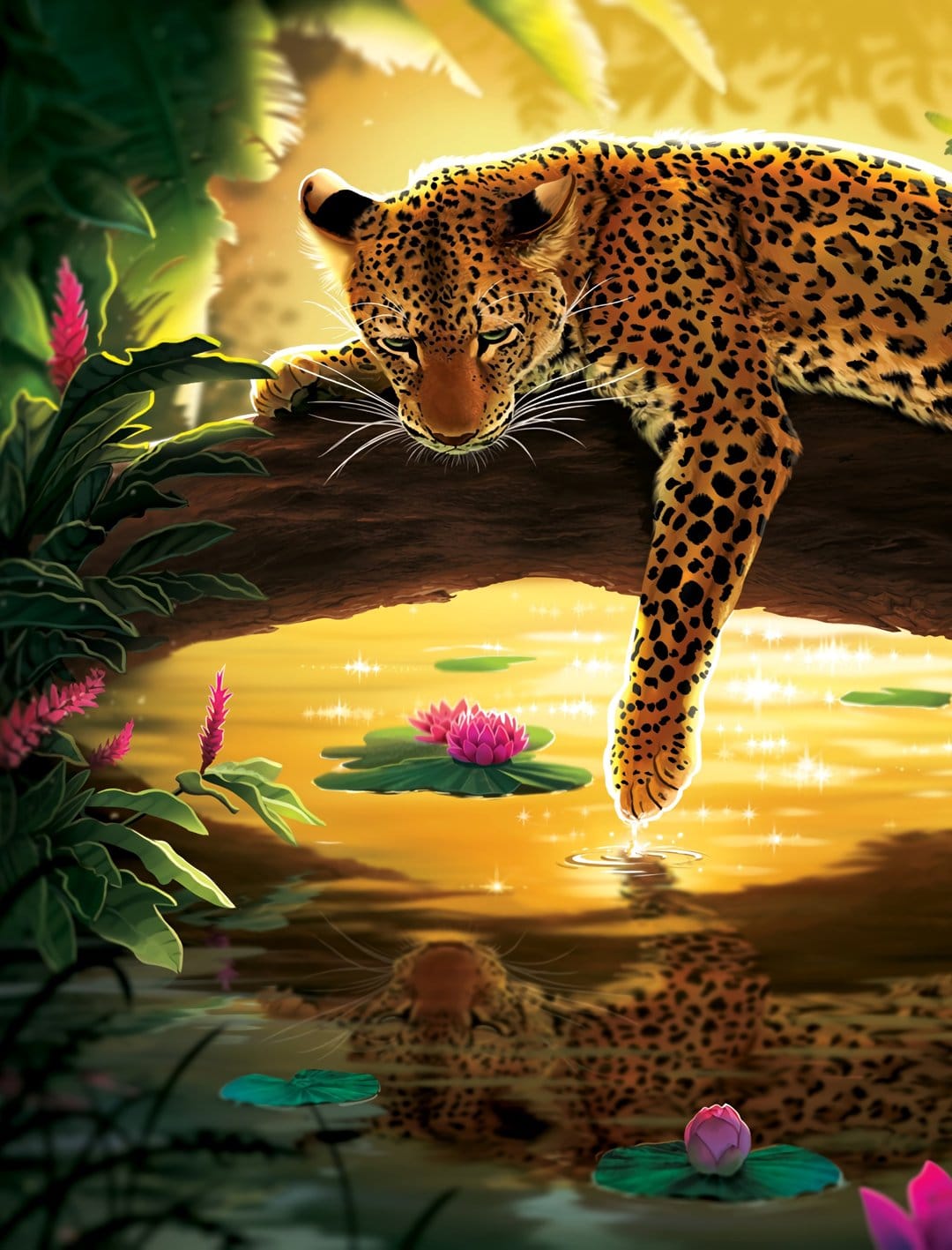 Leopard resting on a branch above a pond with pink lotus flowers and lily pads in a golden tropical forest.