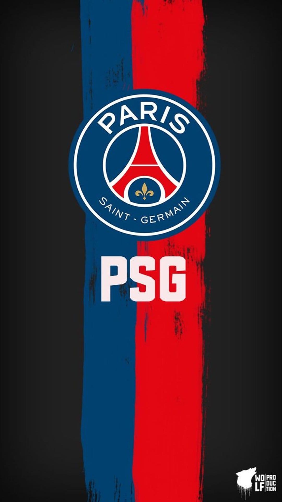 PSG crest and white acronym over blue and red paint strokes against a dark, textured slate background.
