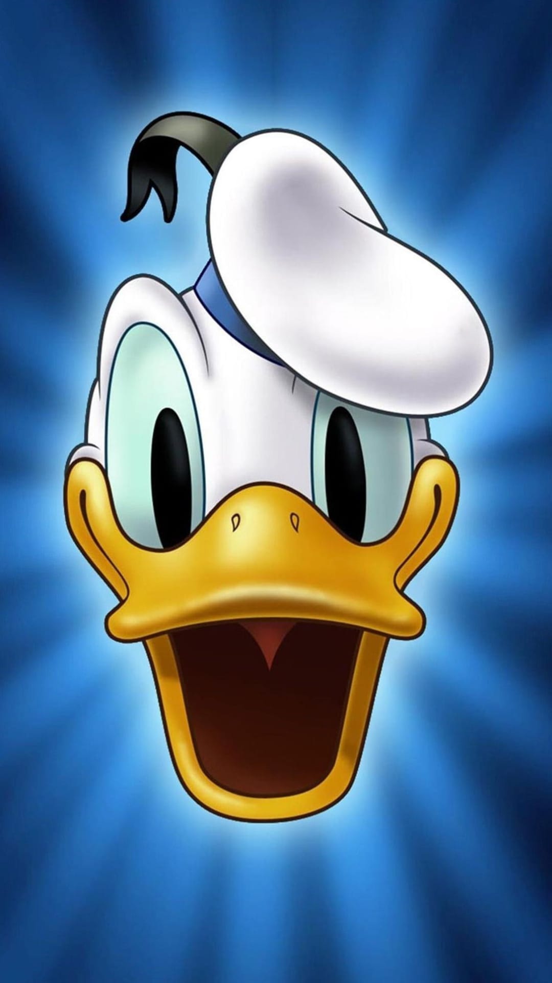 Donald Duck displays an open beak and tilted sailor hat against a blue background with radiating light beams.
