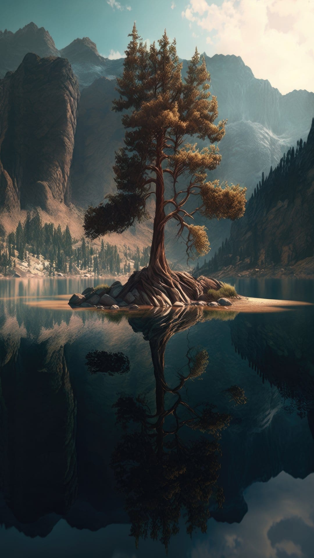 Gnarled tree on a rocky island reflected in a still mountain lake under a soft grey sky with distant peaks.