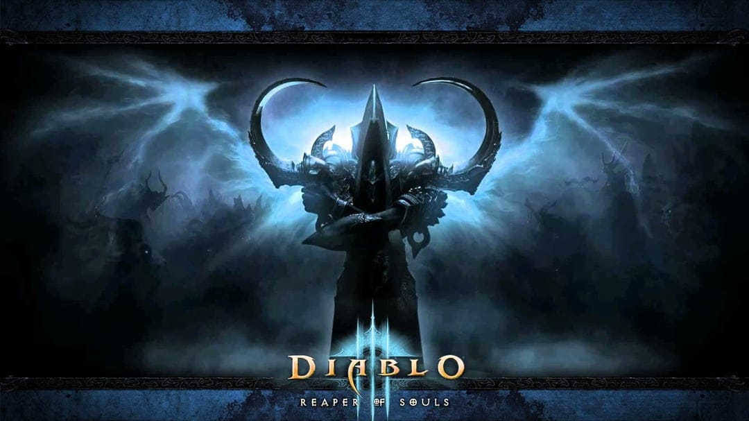 Malthael from Diablo III with glowing blue mist wings and curved scythes in a dark cinematic landscape.