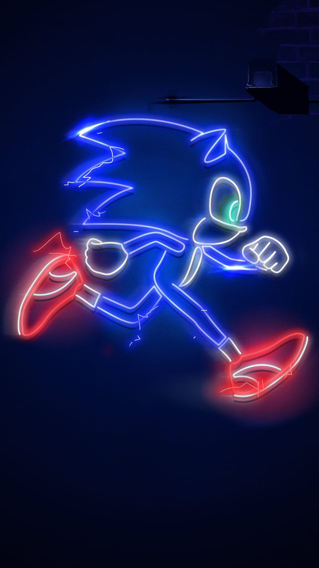 Sonic the Hedgehog sprints in glowing blue neon light with red electric shoes against a dark background.