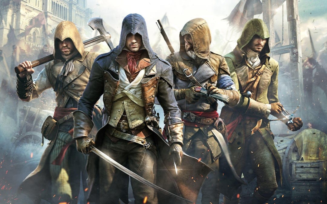 Four hooded assassins armed with swords and pistols stand in a smoky Parisian street near a guillotine.