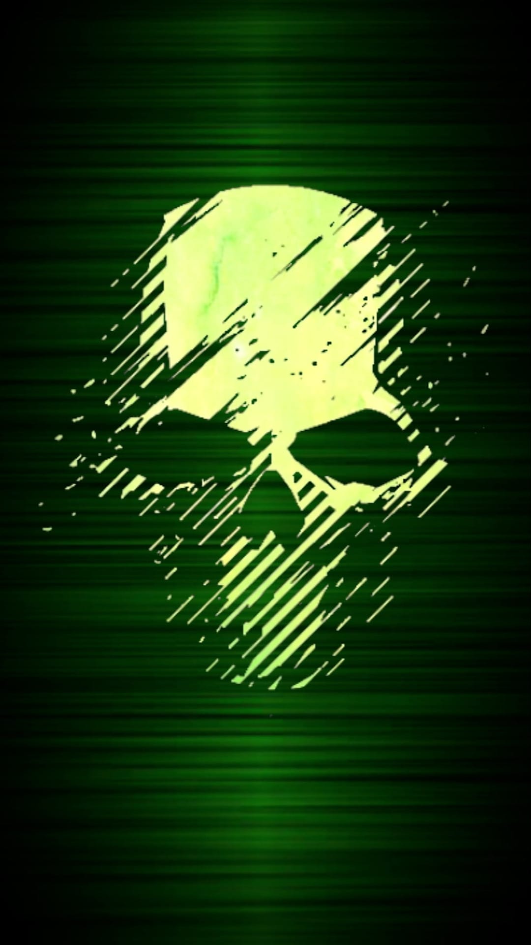 Neon green skull with distressed brushstrokes on a dark background featuring subtle horizontal stripes and grit.