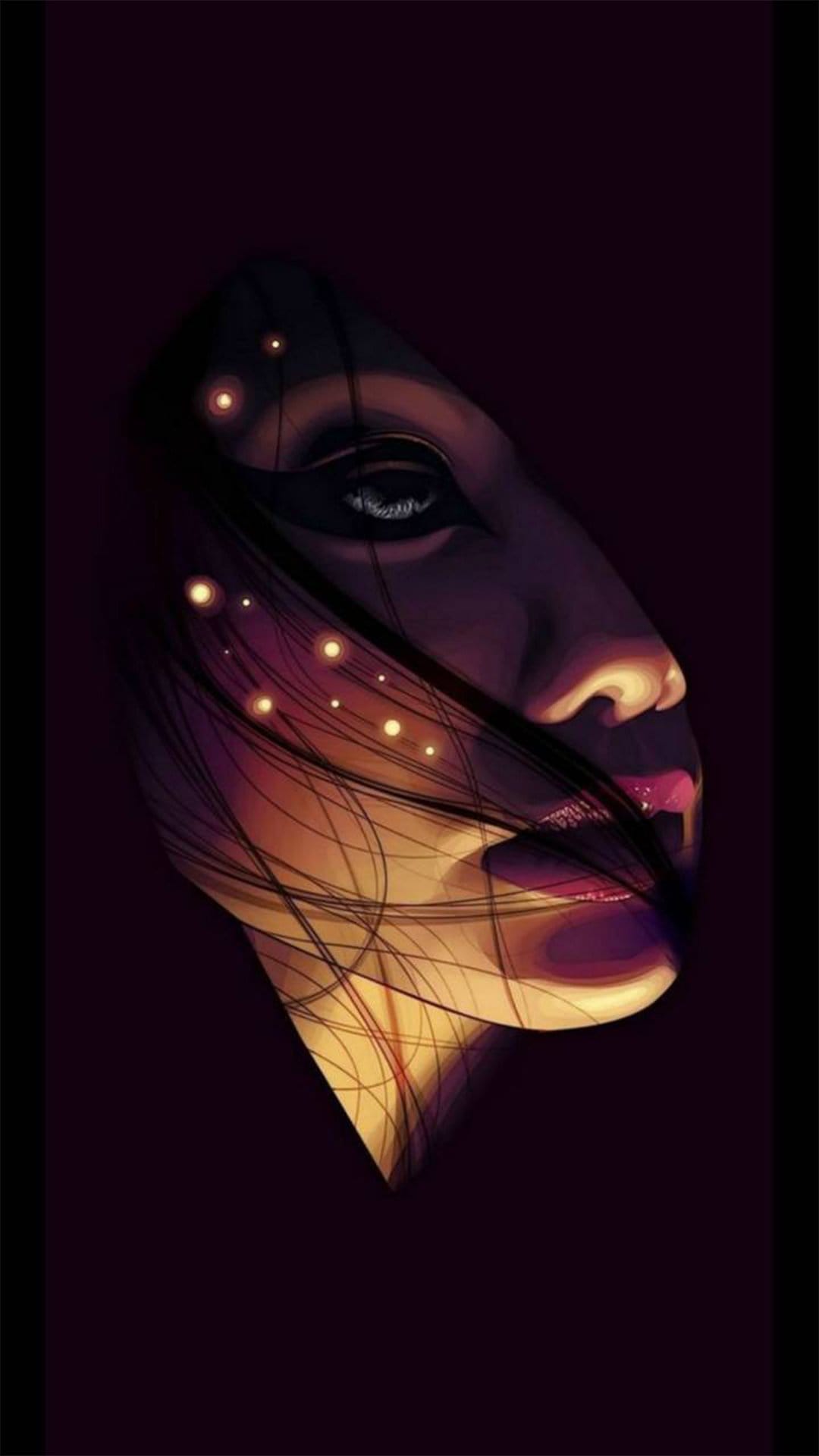 Woman with dark hair and a single visible eye surrounded by floating warm glowing light orbs on a black backdrop.