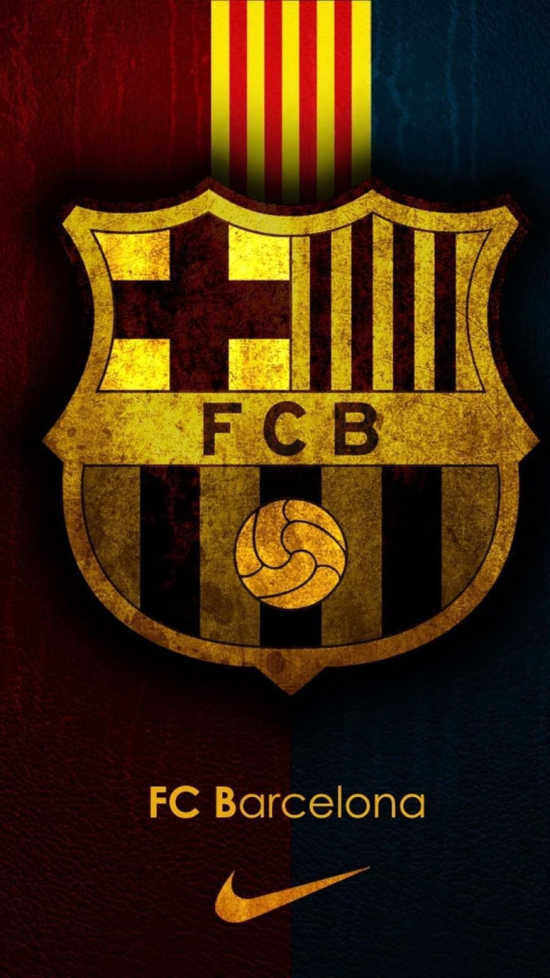 Weathered gold FC Barcelona crest and white Nike swoosh centered on a split red and blue vertical background.