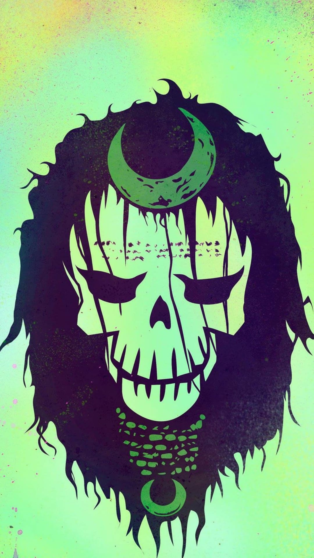 Enchantress skull logo with dark hair, crescent moon forehead mark, and necklace on a distressed green background.
