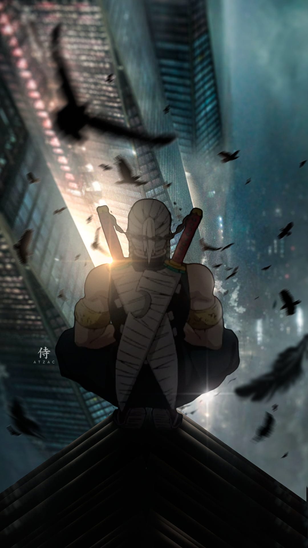 Lone samurai with dual katanas overlooks a city at dusk while black birds fly near modern skyscrapers.