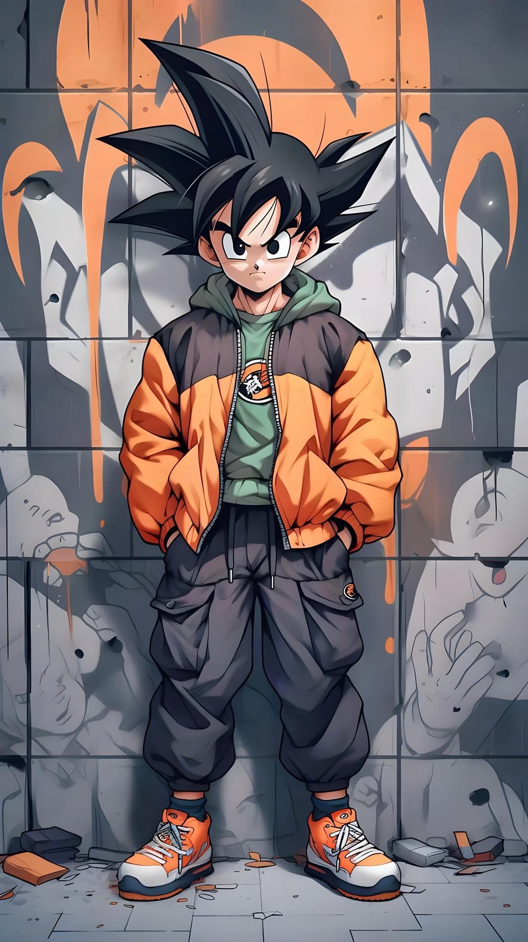 Goku wears a black puffer jacket and orange sneakers while standing before a brick wall with orange graffiti.